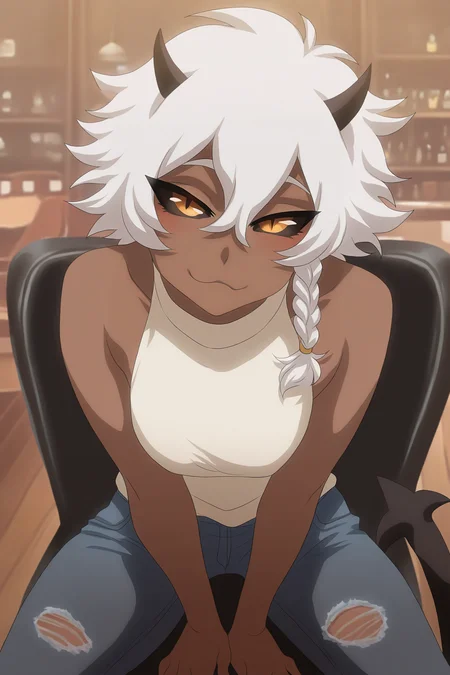 masterpiece, best quality, normal quality, absurdres, hires), (artist:ellery:1.0), outlines, 1girl, solo, demon girl, white hair, side braid, messy hair, hair between eyes, dark skin, brown skin, cow horns, small horns, black horns, orange eyes, slit pupils, black sclera, smile, :3, big eyes, half-closed eyes, white shirt, sleeveless, torn jeans, sitting on chair, cafe, looking at viewer, hands between legs, spaded tail, simple background, [bar background]