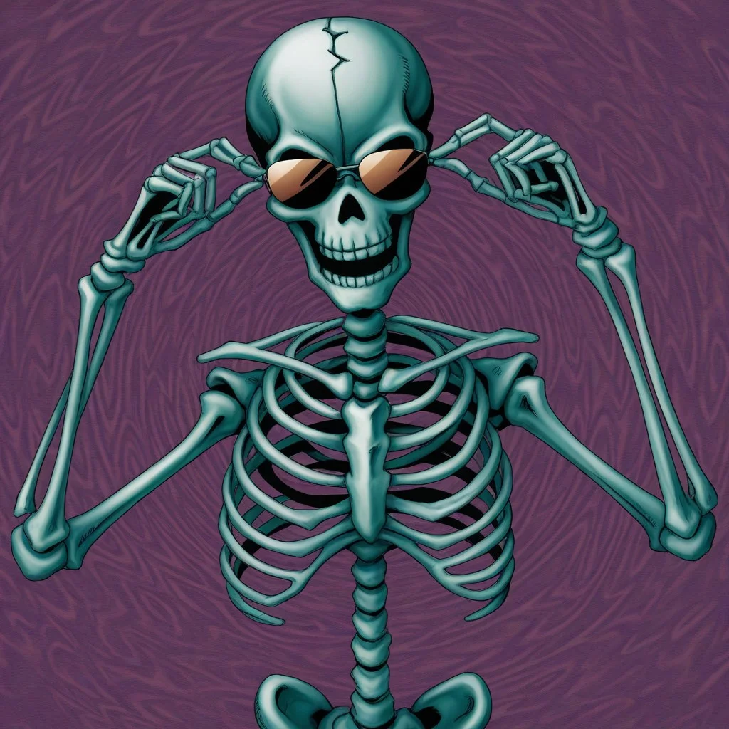 masterpiece, best quality,
1boy, solo,
no humans,
skeleton, sunglasses,
abstract background