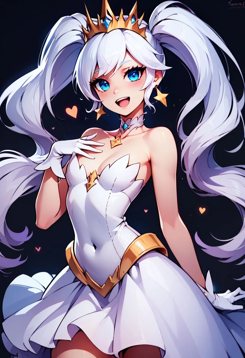 score_9, score_8_up, score_8, medium breasts, (curvy), cute, eyelashes,
BREAK,
1girl, solo, long hair, looking at viewer, blush, smile, open mouth, bangs, blue eyes, simple background, gloves, dress, cleavage, bare shoulders, twintails, jewelry, medium breasts, collarbone, white hair, :d, heart, cowboy shot, earrings, small breasts, teeth, choker, white gloves, white dress, strapless, covered navel, tiara, crown, hand on own chest, black background, strapless dress, IvoryPrincess,
zPDXL,