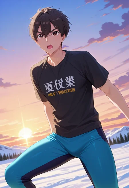 masterpiece, best quality, , semi-realistic, looking at viewer, 1boy, solo, male focus, <lora:rentarou_aijou_ilxl:1>, rentarou_aijou, black hair, brown eyes, short hair, hair between eyes, bangs, cloud theater, mist stage, wind effects, sky seats, performing pose, dramatic expression, sunset, Ski pants, DeepTurquoise Flannel Mosaic Pocket T-shirt, , ,