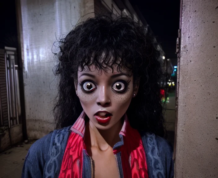 mjthriller girlfriend girl woman scared in the street at night, intricate detail, detailed face, very sharp, high quality, professional photography  <lora:hjmjthriller_v10:0.8>
