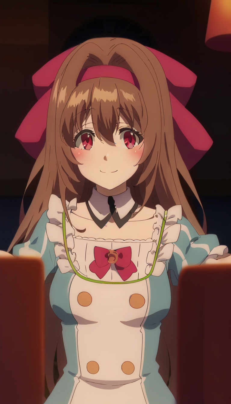 score_9,score_8_up,score_7_up,score_6_up BREAK official art,solo,outdoors,upper body,(portrait:1.5),looking at viewer,facing viewer,smile,blush,Kiara,very long hair,brown hair,hair intakes,red hairband,hair bow,hair ribbon,red ribbon,sidelocks,hair between eyes,bangs,red eyes,detached collar,long dress,blue dress,vertical-striped dress,frills,white dress,white shirt,buttons,pink bowtie,medium breasts,puffy short sleeves,wrist cuffs,high heels,<lora:Kiara(rh)-Pony:1.6>,
