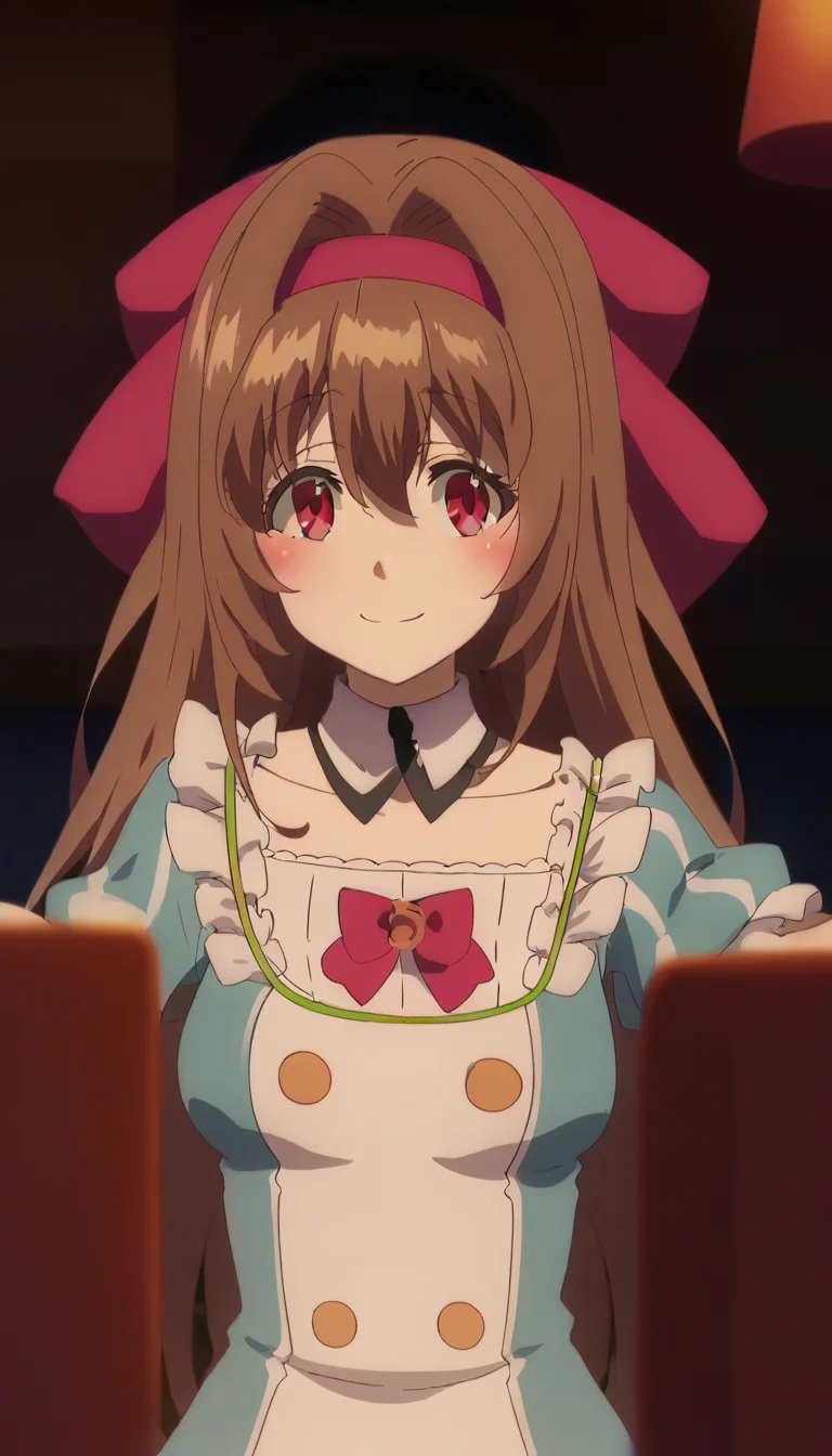 score_9,score_8_up,score_7_up,score_6_up BREAK official art,solo,outdoors,upper body,(portrait:1.5),looking at viewer,facing viewer,smile,blush,Kiara,very long hair,brown hair,hair intakes,red hairband,hair bow,hair ribbon,red ribbon,sidelocks,hair between eyes,bangs,red eyes,detached collar,long dress,blue dress,vertical-striped dress,frills,white dress,white shirt,buttons,pink bowtie,medium breasts,puffy short sleeves,wrist cuffs,high heels,<lora:Kiara(rh)-Pony:1.6>,