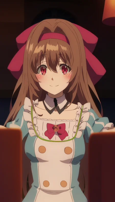 score_9,score_8_up,score_7_up,score_6_up BREAK official art,solo,outdoors,upper body,(portrait:1.5),looking at viewer,facing viewer,smile,blush,Kiara,very long hair,brown hair,hair intakes,red hairband,hair bow,hair ribbon,red ribbon,sidelocks,hair between eyes,bangs,red eyes,detached collar,long dress,blue dress,vertical-striped dress,frills,white dress,white shirt,buttons,pink bowtie,medium breasts,puffy short sleeves,wrist cuffs,high heels,<lora:Kiara(rh)-Pony:1.6>,