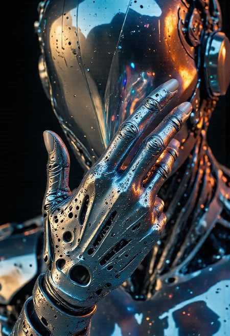 Cinematic extreme close-up of a faceless android warrior extending its hand toward the camera—each articulated finger a masterpiece of fractal engineering, its surface a labyrinth of nano-paneled mirrors shifting between liquid mercury and black obsidian. The helmet remains sleek, its V-shaped faceplate now a prismatic void, bending ambient light into spectral flares that dance across its iridescent shell. RGB reflections warp across its palm like data storms, revealing hidden subdermal circuitry beneath the flawless chrome.
The background dissolves into a decaying megacity—blurred neon signs and shattered glass refracting across the android’s armor, as if the world itself is being absorbed into its design. Cinematic lighting carves the scene in two: the cold, clinical glow of the android’s bioluminescent seams versus the rusted warmth of the dystopian ruins. The depth of field is razor-thin, focusing only on the hand’s impossible surface—where every micro-scratch tells a story of battles fought in silent code.
Key detail: The fingertips are slightly translucent, revealing a pulse of cyan energy beneath, as if the machine is moments away from interfacing with reality itself.
Palm surface: 90% reflective, 10% holographic glyphs (fractal UI:1.2), Ambient light warped into RGB fractals (prismatic distortion:1.4), Background: Industrial decay as a smeared oil painting (motion-blurred grime:1.1)