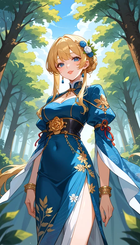 score_9, score_8_up, score_7_up, Anime Style, Cowboy Shot, girl, iranian, cute, seductive, innocent, light smile:0.3, plump lips, slender body, trees are patterned, intricate, symbolist designs, gold leaf accents, flat composition, decorative surfaces, Klimt's Art Nouveau style, forest background, depth of field, dynamic angle, fashion photography, sharp, hyperdetailed:1.15