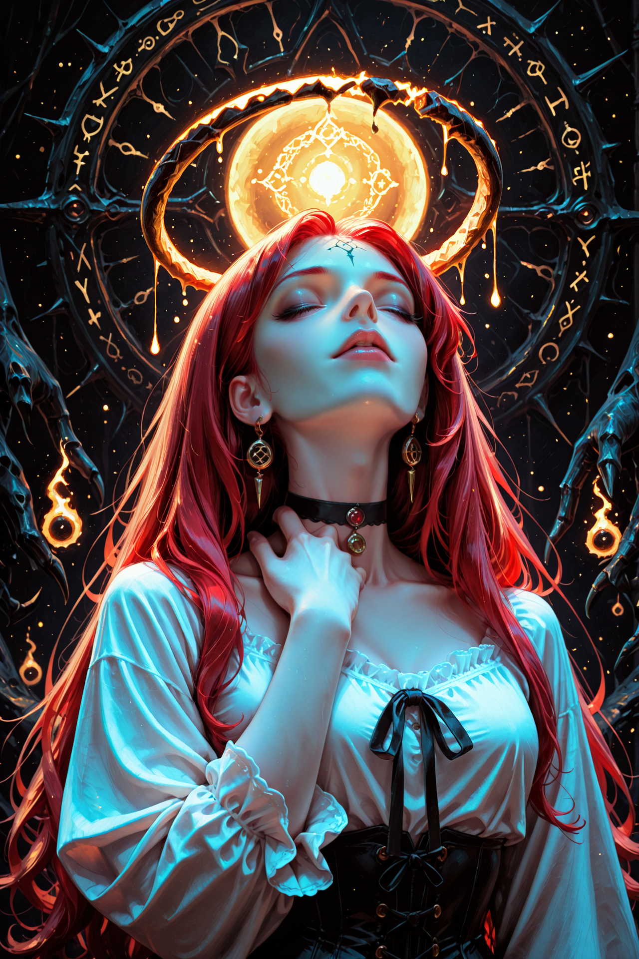 SmoothNoob_Quality, masterpiece, best quality, high aesthetics, upper body, beautiful gothic girl, elegant redhead, closed eyes, looking up, parted lips, makeup, long thick eyelashes, full thick lips, red matte lipstic, black choker, hand on own neck, pale skin, cursed halo, white blouse, black corset, jewelry, backlighting, cone of light, light particles, flying sigils, evil runes, horror \(theme\), dark abstract background, volumetric light, <lora:KCD2:1> (traditional media, very painterly, artistic, smudgy)