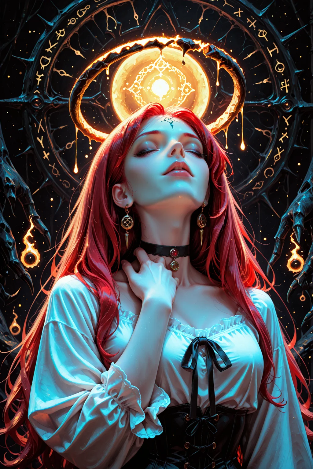SmoothNoob_Quality, masterpiece, best quality, high aesthetics, upper body, beautiful gothic girl, elegant redhead, closed eyes, looking up, parted lips, makeup, long thick eyelashes, full thick lips, red matte lipstic, black choker, hand on own neck, pale skin, cursed halo, white blouse, black corset, jewelry, backlighting, cone of light, light particles, flying sigils, evil runes, horror \(theme\), dark abstract background, volumetric light, <lora:KCD2:1> (traditional media, very painterly, artistic, smudgy)