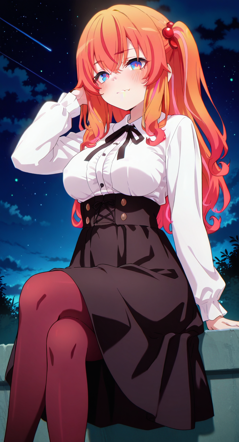 masterpiece, cute, lovely, newest, (best quality:1.3), very aesthetic, 1girl, solo, blush, (medium breasts:1.3), sagging_breasts, (trg_sain), high gradient eyes, high definition eyes, detailed eyes, eyesHD, ChopioM4kina, ong hair, orange hair, streaked hair, multicolored hair, gradient hair, two side up, sidelocks, red hair ornament, hair between eyes, crossed bangs, blue eyes, skin fang, BREAK, red highlight, mole, virgin killer outfit, white shirt, long skirt, pantyhose, slim body, big bust, blush, disgusted face, adjusting hair, outdoors, dark background, star \(sky\), cloud, light particles, glowing, firefly, looking at viewer, sitting, on_wall, crossed legs, amazing quality, highres, very aesthetic, absurdres, newest, scenery