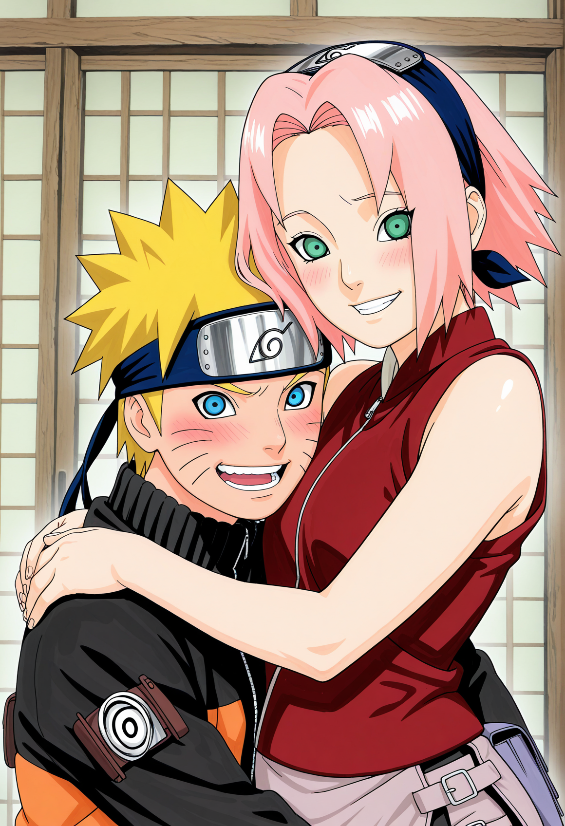 amazing quality,very aesthetic,absurdres,best quality,newest,masterpiece,4k resolution, absurdres, highres, detailed background, 
1girl , haruno sakura,small breasts, looking at viewer, konohagakure symbol, red vest, , <lora:Haruno_Sakura_il2:1> konohagakure symbol, 1boy, uzumaki naruto, hug, blush, smile, open mouth,