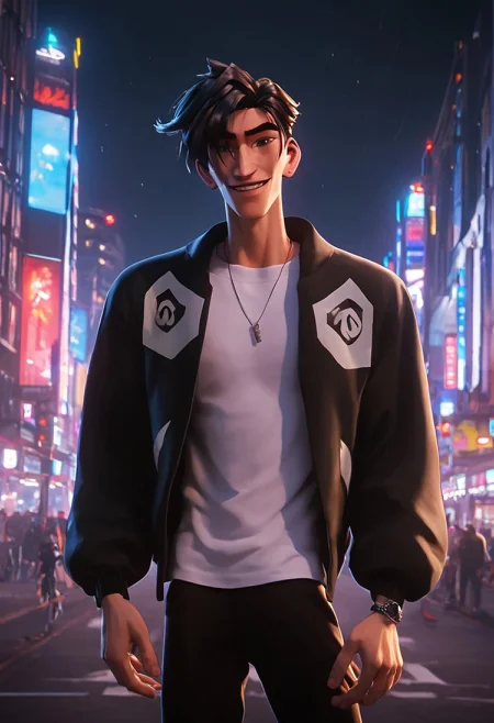 1boy, solo, male focus, toned male, black hair, messy hair, white tshirt, white top, black pants, tired, spiky hair, smile, happy, black costume jacket filled with sponsors, microphone, motor jacket, looking down, city view, city lights, motor vehicle in background, accessories, necklace, watch
standing, dark theme, intense shadow, shadow, intimidating
<lora:mondi_400r:1>, rating PG, score_9,score_8_up,score_7_up, male focus, Muscular,
view from the bottom, random view, looking at viewer, dark background,