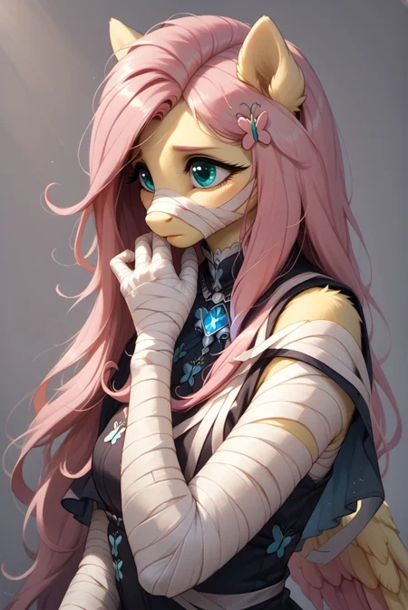 core_9, score_8_up, score_7_up, score_6_up, zPDXL3, (fluffy:1.1), (good_hands:1.3), (Fluttershy:2.0), (anthro), (pony:1.3), (wings:1.1), (close-up face:1.1), ghostly warrior, (white bandages wrapped around entire body:1.2), glowing red eyes (intense red light:1.2), long pink-white hair (flowing in the wind:1.2), mysterious, dark fantasy, mystical realism, (hyperrealistic details:1.3), (bandages, skin, facial features), gothic, ethereal, cold atmosphere, neutral background (cold gray and blue tones:1.2), battle scars, subtle scratches, haunting presence, (8k:1.3), (ultra-detailed:1.3), (sharp focus:1.3), (clear and crisp facial clarity:1.3), (defined facial contours around mouth and nose:1.3), (more bandages around mouth and nose:1.3), (cinematic composition:1.2), (volumetric lighting:1.2), (subsurface scattering:1.2), (Unreal Engine 5:1.2), (micro-shadows:1.2), (dynamic lighting:1.2), (intricate facial details:1.3) (soft blush, glossy lips, visible pores), (well-defined hands:1.3), (accurate hand anatomy:1.3), (detailed fingers:1.3), (clear and well-proportioned fingers:1.3)