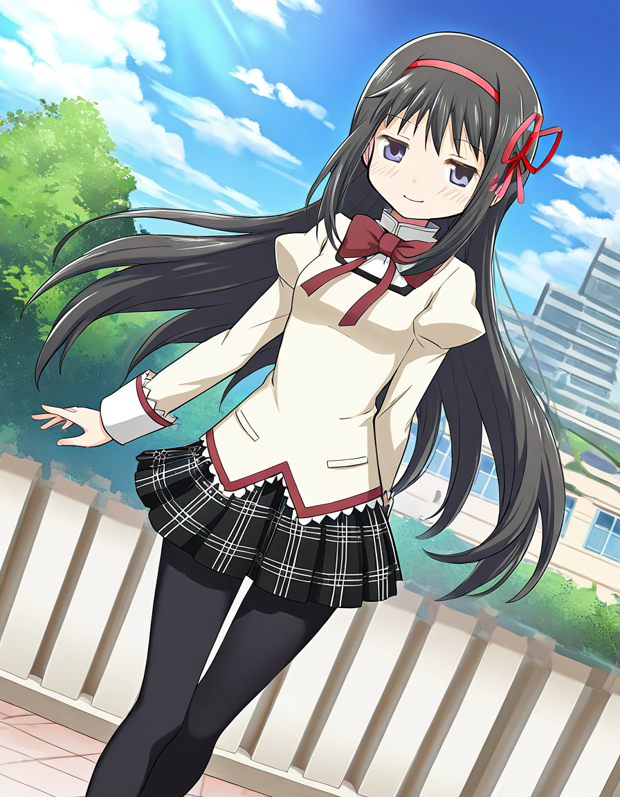 masterpiece, best quality, newest, absurdres, highres, safe, 1girl, akemi homura \(school uniform\), magia record: mahou shoujo madoka magica gaiden, red hair ribbon, pantyhose, solo, smile, outdoors, dutch angle, <lora:20241226152250_akemi_homura_noobaiXLNAIXL_vPred10Version:0.7>