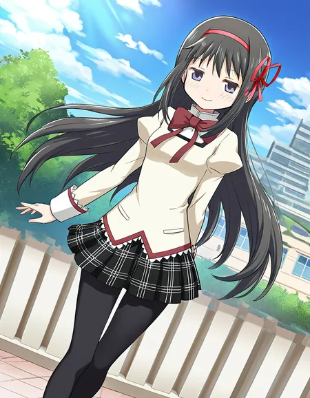 masterpiece, best quality, newest, absurdres, highres, safe, 1girl, akemi homura \(school uniform\), magia record: mahou shoujo madoka magica gaiden, red hair ribbon, pantyhose, solo, smile, outdoors, dutch angle, <lora:20241226152250_akemi_homura_noobaiXLNAIXL_vPred10Version:0.7>