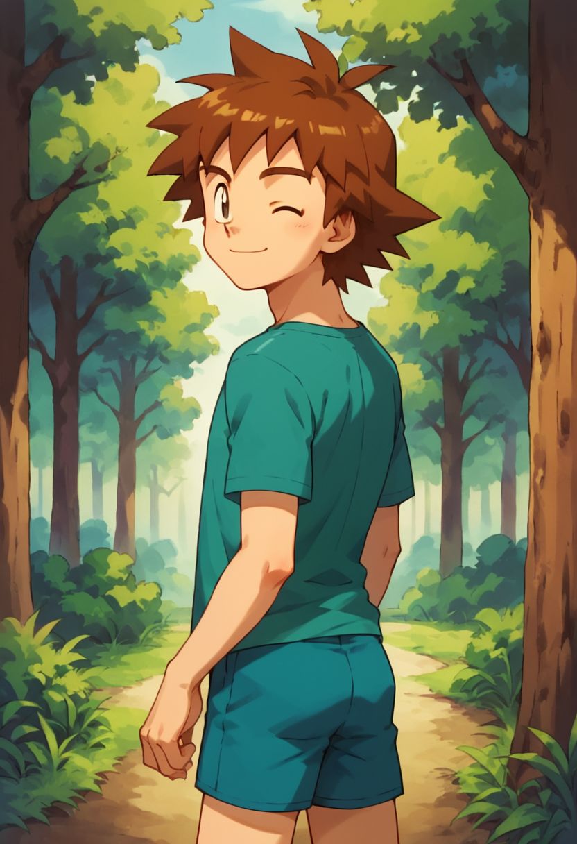 score_9, score_8_up, score_7_up, source_anime, highly detailed, 1boy, solo, male_focus,
richie_poke, short pants, t-shirt, brown hair,
wood, back, looking back, wink, looking at viewer,