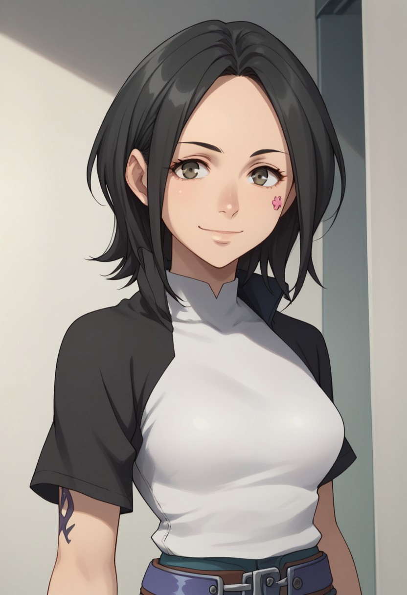 score_9, score_8_up, score_7_up, source_anime, highly detailed,
talho, 1girl, solo, black hair, short hair, t-shirt, belt, tattoo on face, upper body,  smile, closed mouth
indoor,
