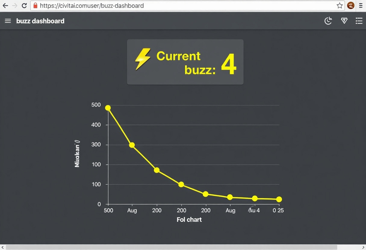 A screenshot of a Chrome webpage, with the current URL clearly defined in the address bar at the top: ("https://civitai.com/user/buzz-dashboard").  On the webpage itself, it has a very dark grey background. At the top of the webpage is in light gray text: "My Buzz Dashboard". In a slightly less dark gray background is a widget with the text in bold yellow: "Current buzz: 4" with a miniature yellow lightning symbol next to it.  Underneath that is a plot chart, showing an X/Y graph.  On the Y axis are markers signifying these numbers:  ("500, 400, 300, 200, 100, 0"). On the X plane are markers signifying dates such and in order from left to right ("Aug 22, Aug 23, Aug 24, Aug 25").  Show a yellow line that starts at the 400 position and is (declining down and to the right) as time passes on signifying that only 4 buzz is remaining on the account from viewing the chart.