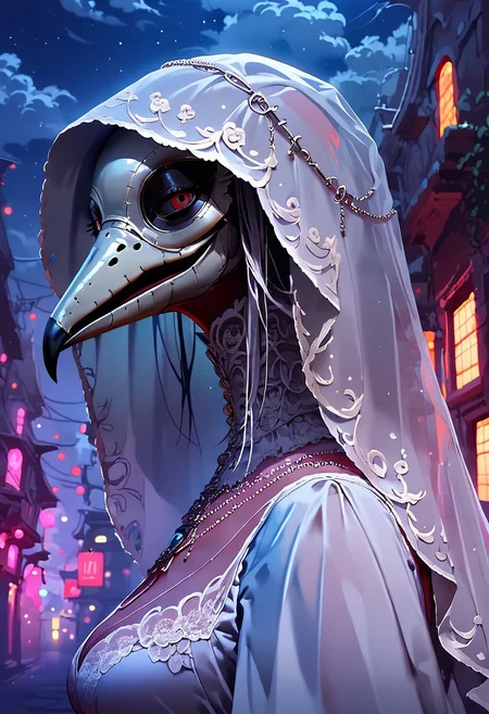 score_9, score_8_up, score_7_up, extremely detailed, detailed background, source_anime, plague doctor, long beak, white veil, fancy veil, holding poison vial, white plague doctor mask, gothic city background, night, lowlight, clouds of poison, white surgery dress, looking at viewer, close up, from below, from side, alleyway