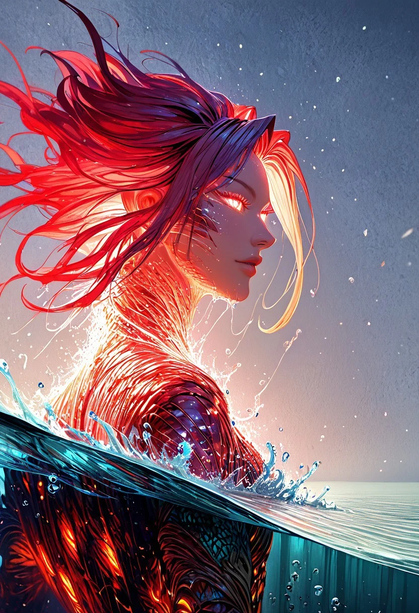 (score_9, score_8_up), score_7_up, zPDXL, solo, <lora:MythAnim3Style:0.8>, MythAn1m3, source_anime, 1girl, mermaid, dark mysterious backgroud, Iridescent eyes, aquatic scene, dreamlike atmosphere, mystical, ethereal light, detailed textures, whimsical, rippling, dripping, water element, very long cascading hair, water, very beautiful, sexy, sexy body, beautiful body, scales, wet body, Iridescent scales, bubbles, water drops, Iridescent skin, multi colored eyes, partially underwater shot, watce, bioluminescent skin, bioluminescent, glowing, bioluminescent scales, bioluminescent hair, FastNegativeV2, laser light clothes, submerged breast, water line on lense, view from under water, light hair