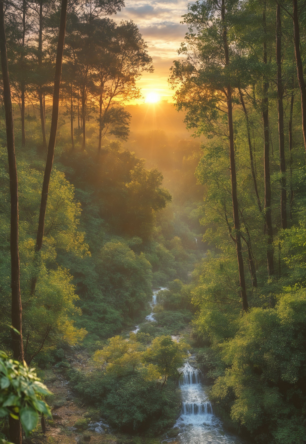 A photo of a Beautiful alien world, (high angle wide shot), ((seen from a distance)), sunset.  Ancient trees, the ground covered in moss, plants, everywhere, ones that resemble ferns, trees that are giants colorful air plants and flowers. A visiosomni magical landscape, an elven city of an advanced alien species, otclillsn buildings that defy description, gleaming in the setting sun. Masterpiece, best quality, high-res, extremely clear 8k wallpaper, setting sun. HDR lighting, dramatic cinematic composition, UHD resolution, realistic texturing, advanced rendering techniques, and meticulous post-processing.  In the eldoria style, no humans, 
(8k uhd:1,4)