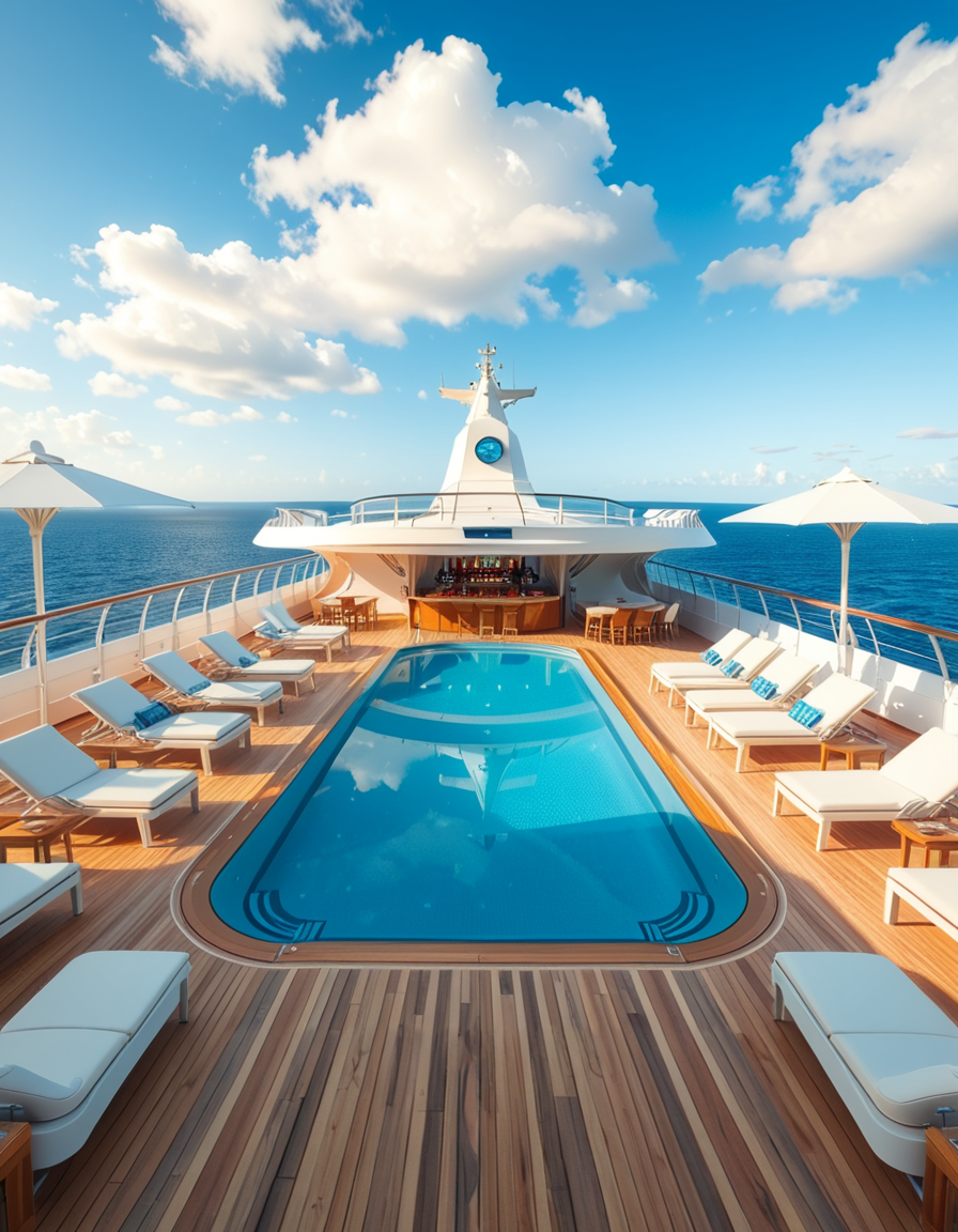 A wide, high-resolution view of the upper deck of a modern luxury cruise ship, completely empty of people. The deck features a clean, polished teak wood floor and sleek white railings along the edges. Several neatly arranged lounge chairs line both sides, with large white parasols providing shade. In the center of the deck, a crystal-clear swimming pool reflects the blue sky, with no one in or around it. To one side, a stylish bar area with a curved canopy stands closed, with colorful bottles and barstools neatly arranged. The background reveals the endless ocean meeting the horizon, under a bright, cloud-speckled blue sky. The lighting is natural daylight, casting soft shadows and highlighting the modern, serene, and luxurious ambiance of the cruise ship deck. No signs of human presence â everything is pristine, calm, and ready for guests.
<lora:SDXLFaeTastic2400:0.4> <lora:extremely_detailed:0.4> extremely detailed,<lora:luxury_cru1s3_sh1p:1>,luxury cru1s3 sh1p, Masterpiece,best quality,hi res,8k,hi res,8k,award winning,(sharp focus, intricate, highly detailed),