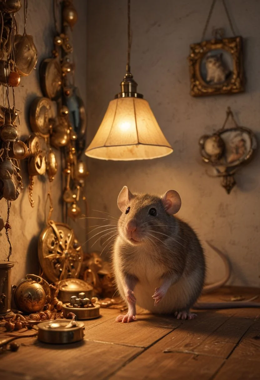 Photograph of a rat with brown eyes, he measures 1m70, in a room full of objects, a lit lamp hanging on the wall, golden decorations, 8K, canon 5D, 50mm lens, 1.2, very detailed, realistic rendering, whole body, realistic style, natural lighting, wide angle, photography, (highly detailed skin: 1.5), realistic, no defects, the overall composition is masterful The overall composition is majestic. This is a very beautiful realistic photograph.