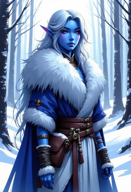 FFAOR, inksketch, 1woman, a snow elf, portrait, beautiful blue skin, snowy forest background, fur trimmed outfit, anime