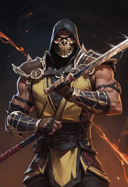 score_9, score_8_up, score_7_up, score_6_up, score_5_up, score_4_up, masterpiece, perfect face, perfect eyes, Mortal Kombat Style, solo, gloves, 1boy, weapon, male focus, cowboy shot, belt, sword, hood, fingerless gloves, armor, gradient, gradient background, mask, shoulder armor, gauntlets, sheath, hood up, pauldrons, sheathed, vambraces, single pauldron, inside a cave with raging flames, lava pit, skeletons hanging from the ceiling by chains, at night, sexy guy, (((Mortal Kombat Style))), 1boy, mature male, solo, standing, dynamic pose, serious, serious look, ((half body shot:1.5)), front view, male focus, looking at viewer,