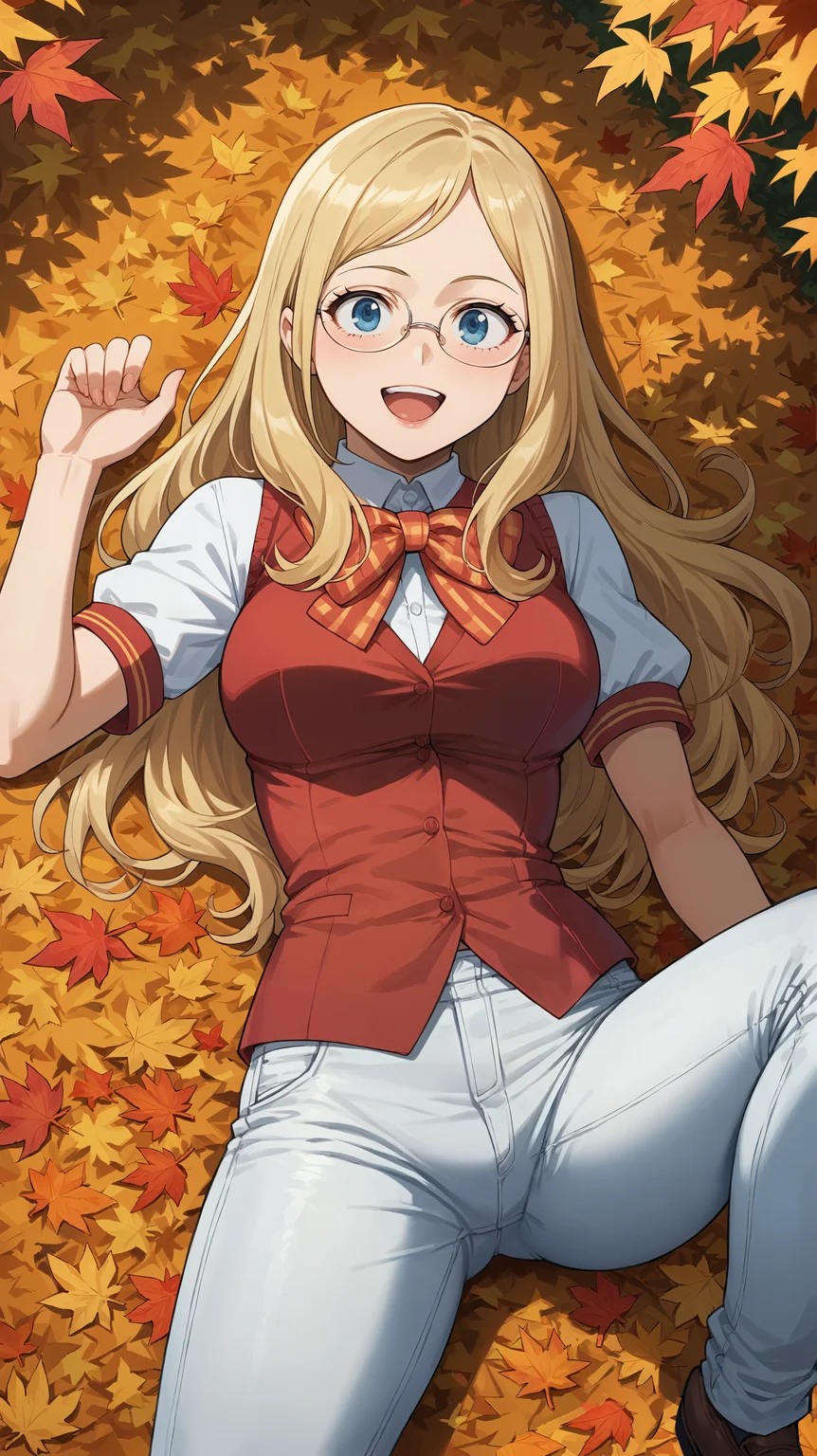 score_9,score_8_up,score_7_up,score_6_up, <lora:xl_more_art-full_v1:0.5>, source_anime, girl, dynamic pose, laying down, <lora:Melissa Shield - Pony:0.8>, long hair, blonde hair, blue eyes, round glasses, red vest, white sleeves, short sleeves, red bow, white jeans, white pants, park, autumn, autumn leaves, falling leaves, happy,