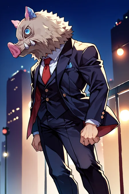 score_9, score_8_up, score_7_up, score_6_up, source_anime, 1boy, male focus, toned, solo <lora:inosuke-pdxl-nvwls-v1-000005:1> inosuke, pig mask, tuxedo, red necktie, black pants, black suit jacket, collared shirt, night, city