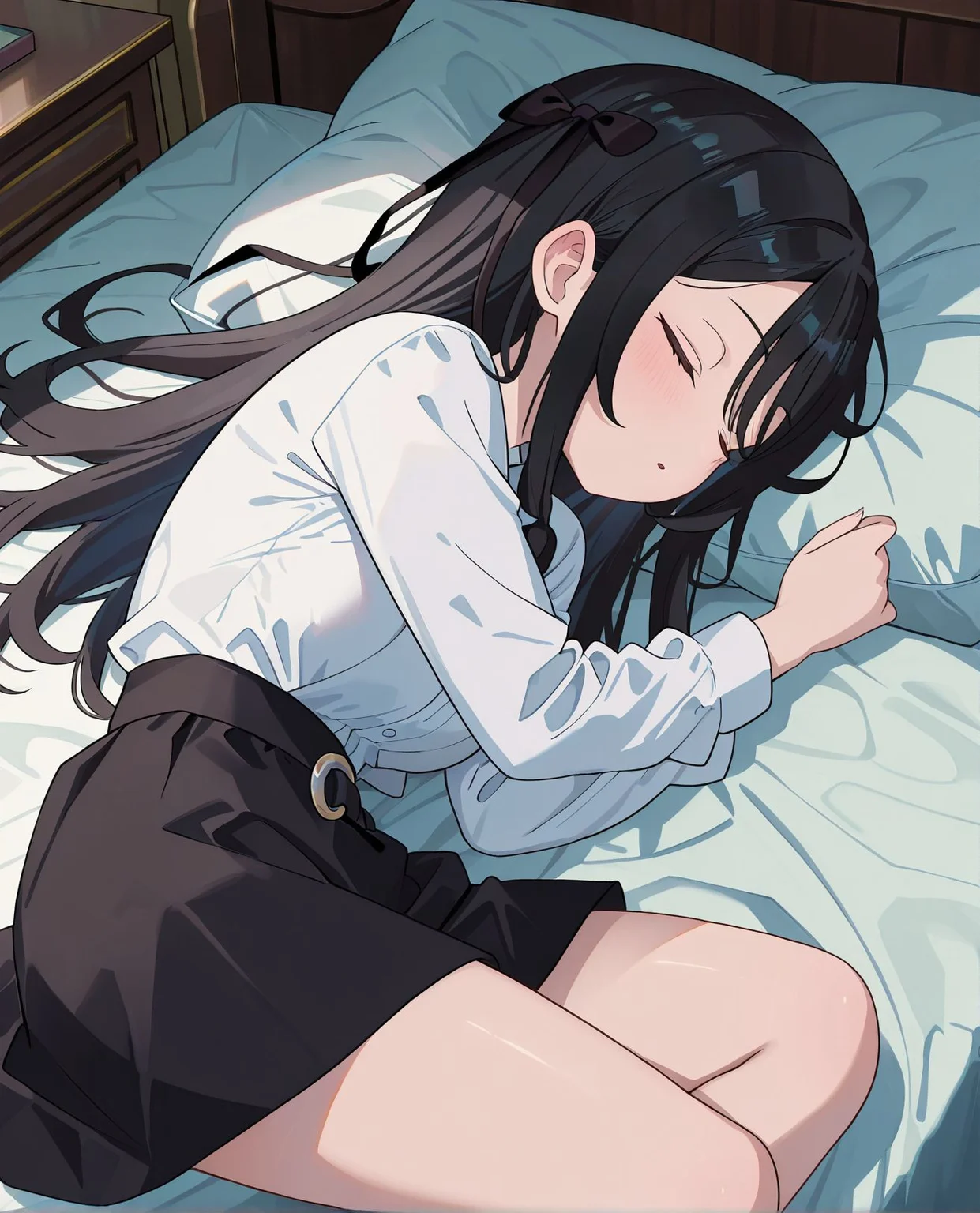 masterpiece,best quality,amazing quality,very aesthetic,absurdres,newest, huge filesize,
<lora:spo_sdxl_10ep_4k-data_lora_webui:0.5>,anime coloring, anime screenshot, flat color,
<lora:add-detail-xl:1>
<lora:girumasu:1>girumasuV1,
1girl,
skirt,
solo,
long hair,shirt,
white shirt,
black skirt,black hair,
g_alina,
sleeping, on bed,