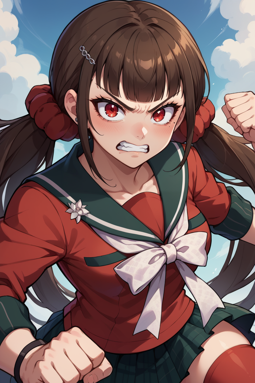 score_9, score_8_up, source_anime, 1girl, solo, pov BREAK  <lora:MakiTPonyXL-000009:1> Harumaki, 1girl, low twintails, red eyes, brown hair, mole under eye, hairclip, red shirt, brooch, pleated skirt, white bow, red thighhighs, red scrunchie, upper body, incoming punch, furrowed brow, clenched teeth, punching