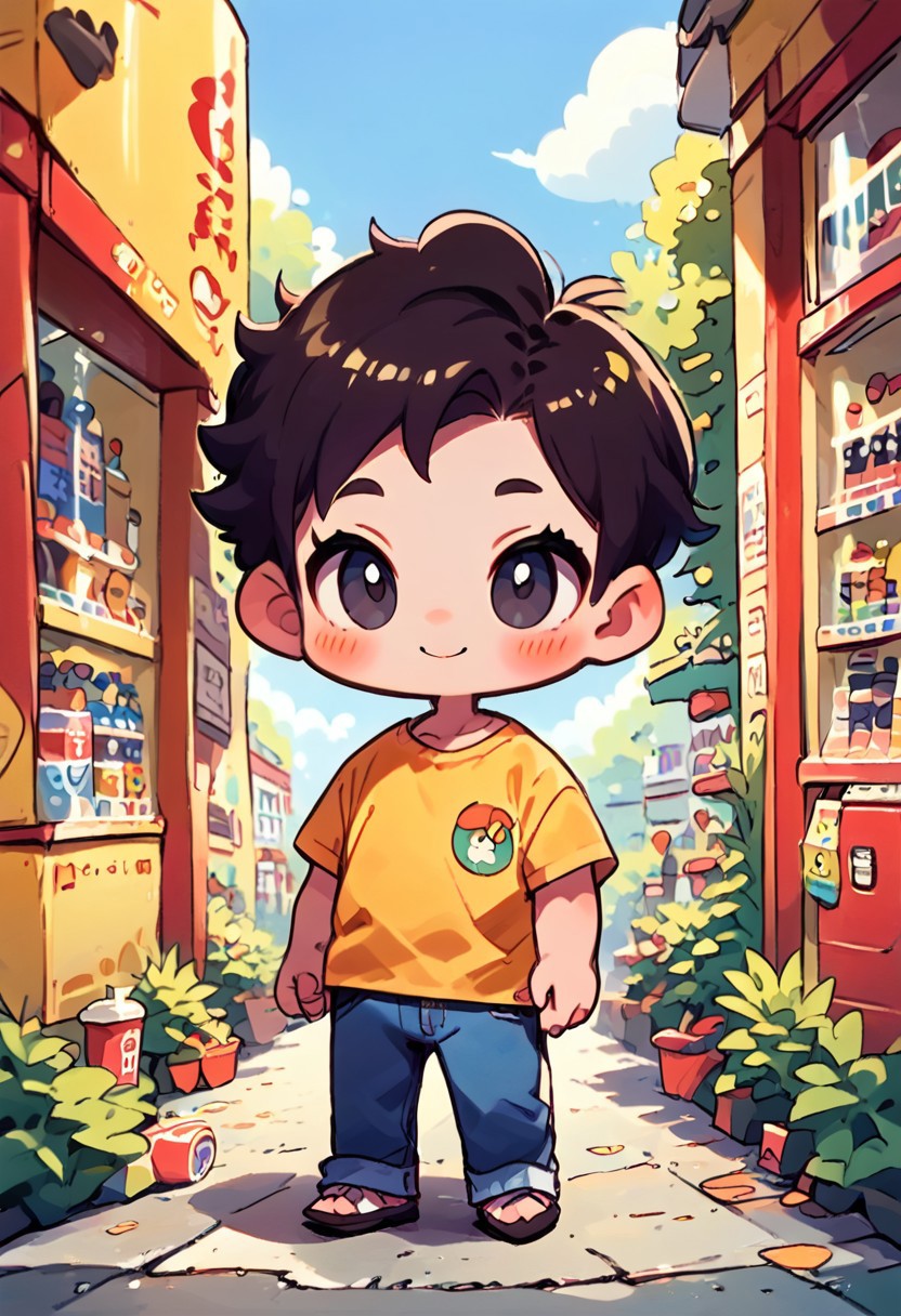1 couple, 2people, 
<1girl, green eyes, brown hair, short hair, blush, jeans and t-shirt, happy, full body>,
<1boy, dark hair, bald, black moustache, knob, black eyes, small eyes>,
Buying a drink, vending machine, road, street, outdoors, 
score_9, score_8_up, score_7_up, source_anime, solo,  cute, chibi, kawaii, 2d color, simple color,  simple shading, flat color, chibi body, style:1.1, fca_style, super deformer