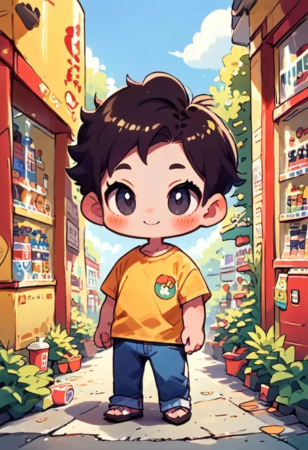 1 couple, 2people,
<1girl, green eyes, brown hair, short hair, blush, jeans and t-shirt, happy, full body>,
<1boy, dark hair, bald, black moustache, knob, black eyes, small eyes>,
Buying a drink, vending machine, road, street, outdoors,
score_9, score_8_up, score_7_up, source_anime, solo, cute, chibi, kawaii, 2d color, simple color, simple shading, flat color, chibi body, style:1.1, fca_style, super deformer