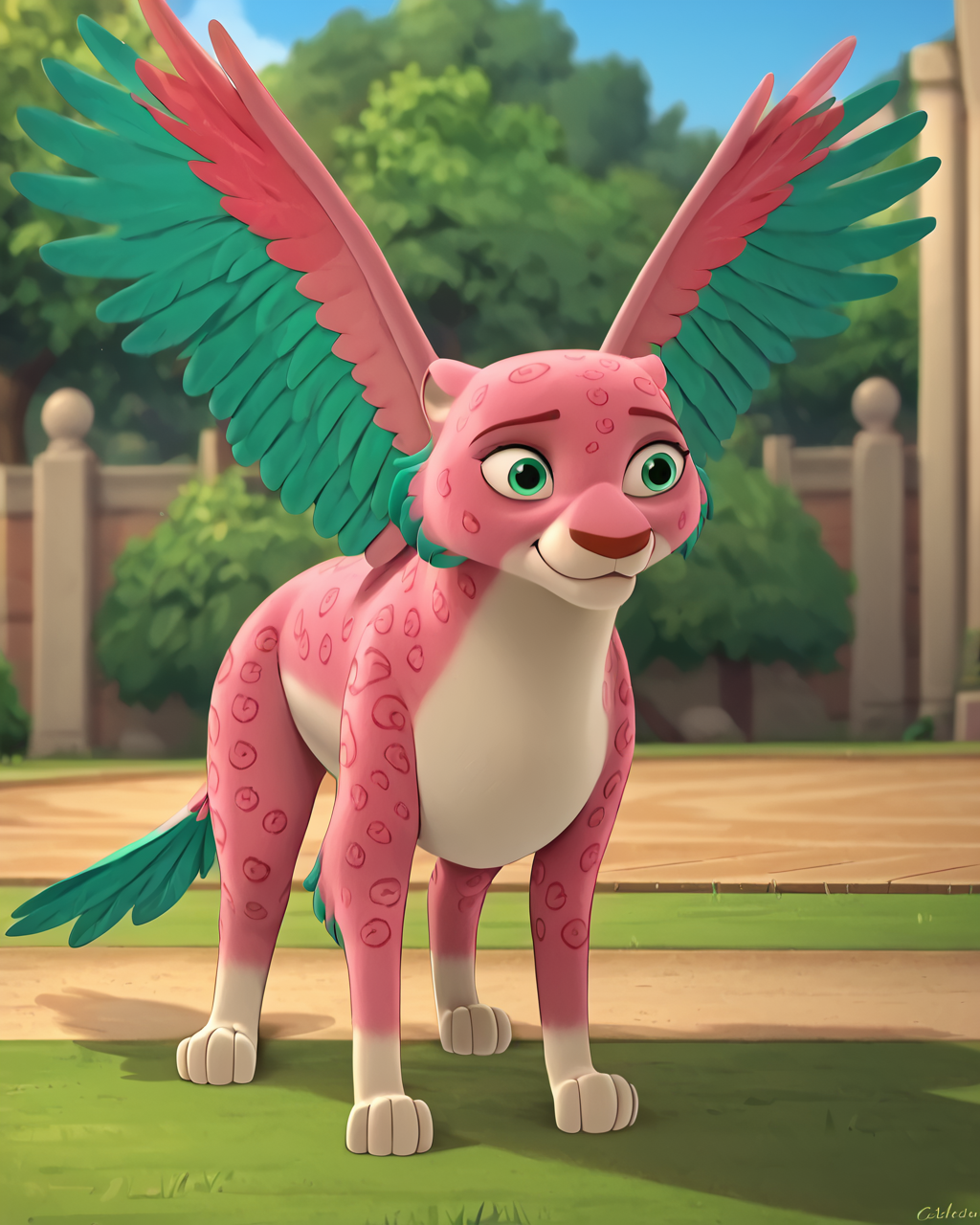 score_9, score_8_up, 1girl, masterpiece,  <lora:Celia_Elena_Of_Avalor:1> celiaofavalor, green eyes, pink fur, tail, standing, park, outdoors, female, green feathers, open wings, no humans, feral,
