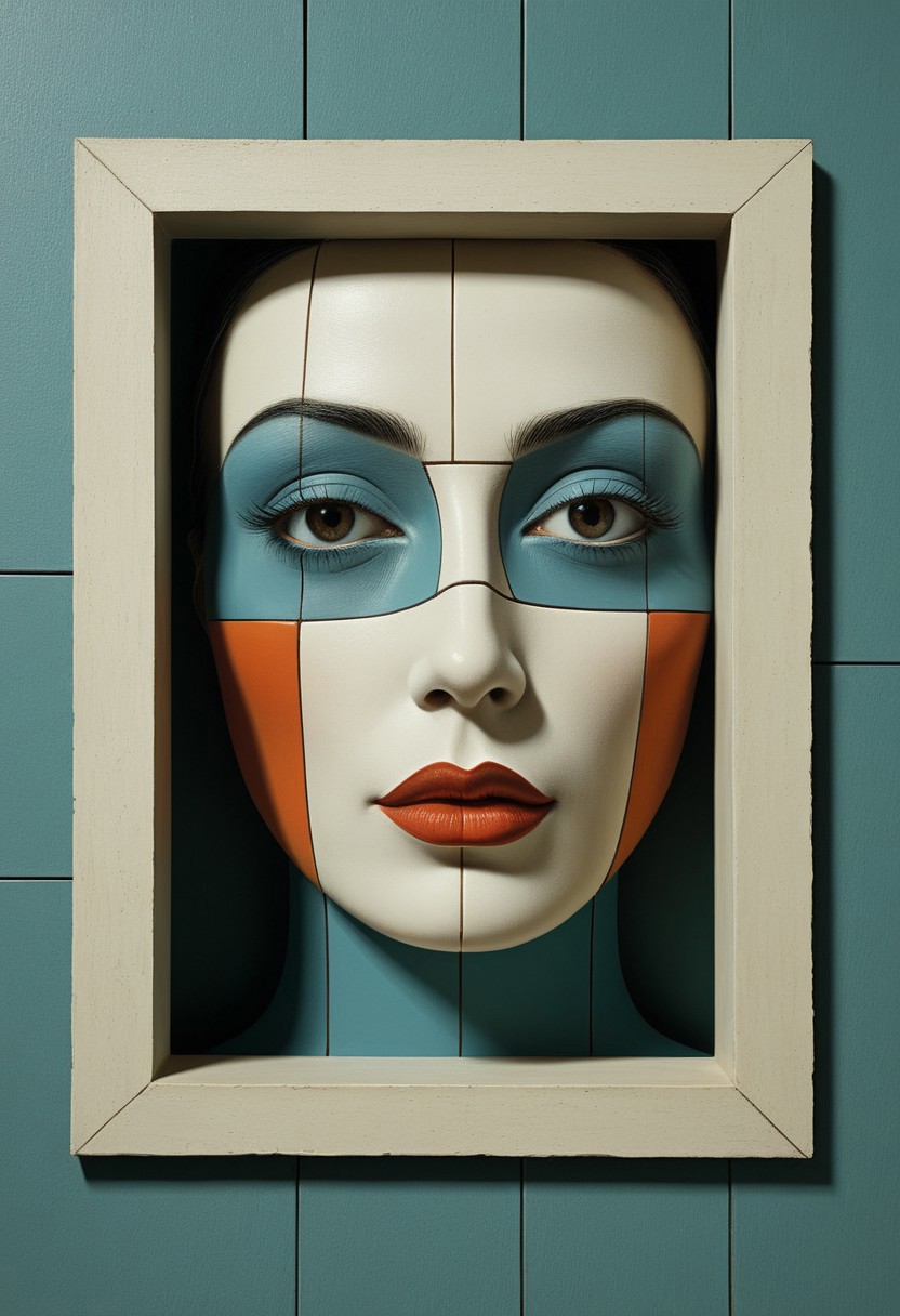 Geometric Frame Face:
A woman’s face emerging through a layered 3D panel of colorful abstract geometric blocks, high-resolution facial detail, chipped paint textures, tactile mixed-media style, architectural surrealism, muted palette with bold accents
Style tags: Surrealist art, Rafal Olbinski, René Magritte, Jean Arp, Frida Kahlo, Jan van Eyck, William Hogarth, Pierre-Auguste Renoir, Xidong Luo