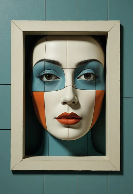 Geometric Frame Face:
A woman’s face emerging through a layered 3D panel of colorful abstract geometric blocks, high-resolution facial detail, chipped paint textures, tactile mixed-media style, architectural surrealism, muted palette with bold accents
Style tags: Surrealist art, Rafal Olbinski, René Magritte, Jean Arp, Frida Kahlo, Jan van Eyck, William Hogarth, Pierre-Auguste Renoir, Xidong Luo