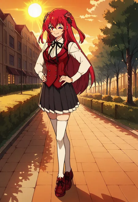 score_9, score_8_up, score_7_up, score_6_up, source_anime, anime coloring, smile, full body, <lora:Amelia_Rose:1> amelia_rose, red hair, solo, red eyes, school uniform, white thighhighs,
walking by the street of small village, 3/4 side view, wide smile, winking, looking at viewer, full body view, close view, sexy pose, hands on hips, beautiful background, sun rays