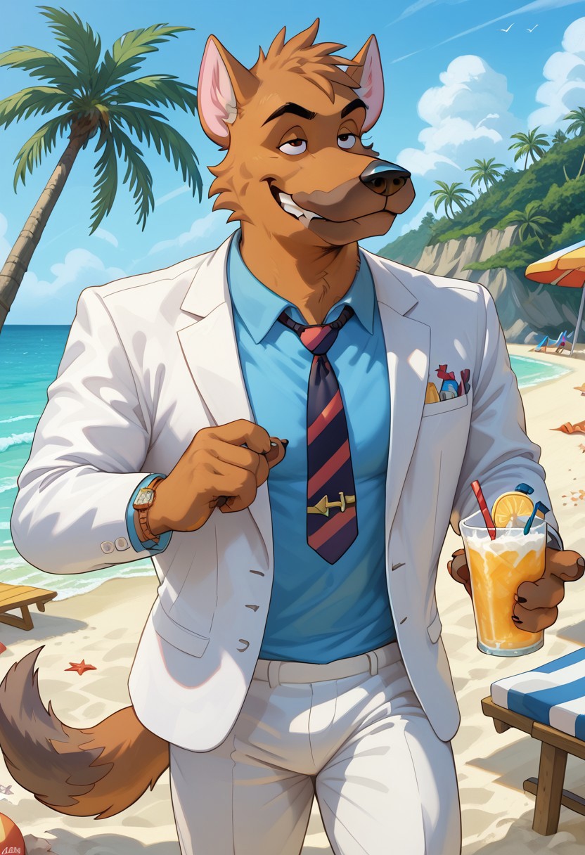 score_9, score_8_up, score_7_up, (AceHart), german shepherd, solo, 1boy, ((expressive)), ((body movement, hand movement)), outdoors, in backroom, cocky smile, smile, teeth, holding dink in hand, chilling near beach bar, sunny, sand, beach scenery, blue shirt, white suit jacket, black tie, detailed bedroom, hi res, perfect face, best artwork, highly detailed