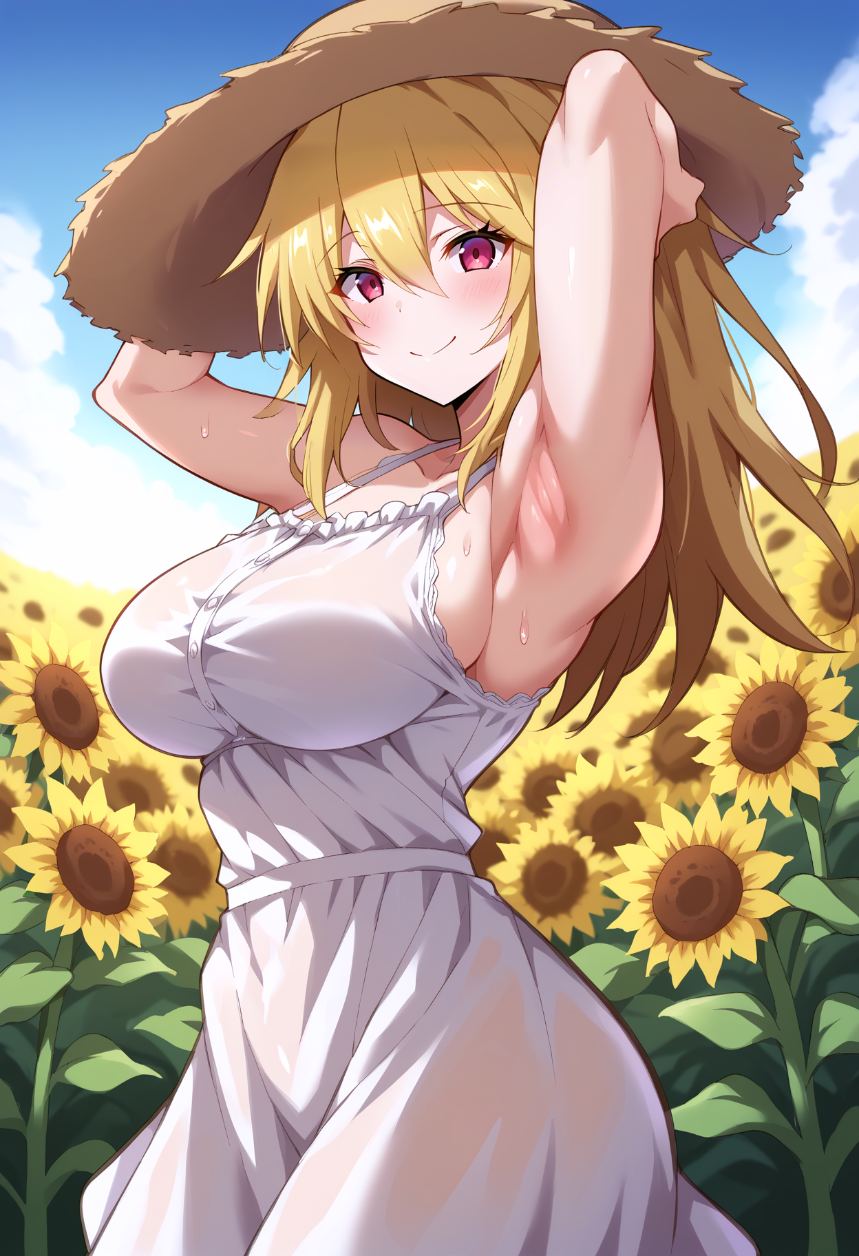 score_9, score_8_up, score_7_up, flower field, sunflower, sunflower field, sunset,
BREAK
source_anime,
BREAK
1girl, sundress, sunhat, blonde hair, large breasts, see-through silhouette, happy, hair between eyes,
arms up, armpits, light smile,
 <lora:Konno Tohiro-v1-PDXL:1>