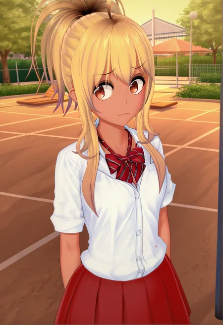 source_anime, score_9, score_8_up, score_7_up, score_6_up, score_5_up, score_4_up, 1 girl, solo, <lora:Chika_Chosokabe_from_LIL_PonyXL:1>, chika, gyaru, breasts, blonde hair, ponytail, school uniform, shirt, skirt, bow, bowtie, red skirt, ponytail, ahoge, red bow, white shirt, <lora:shadmanPONYXL-guy-v101:1>,(playground, Starting a small DIY home improvement project),