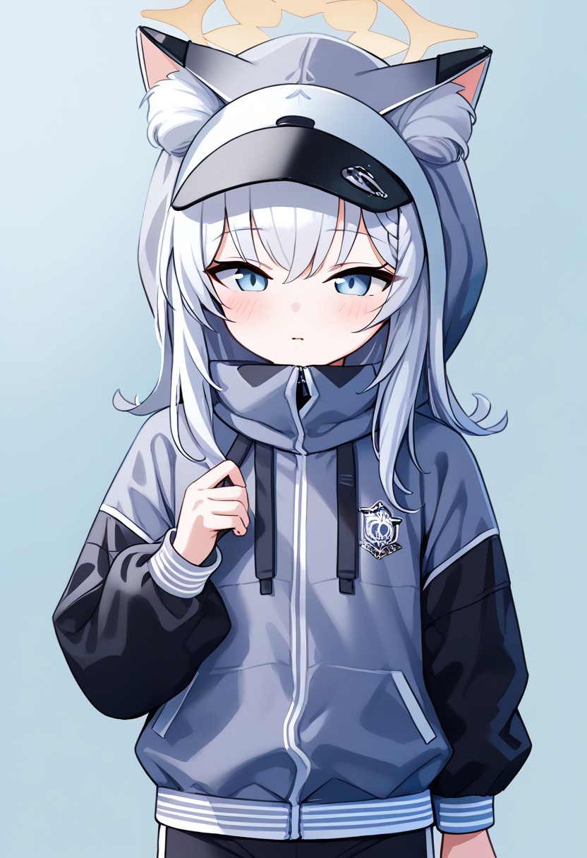 score_9, score_8_up, score_7_up, upper body blue_eyes, orange_hair, braid, long_hair, flat_chest, halo, hair_flower, animal_ear_fluff, gym_long pants,blue_pants,track_jacket, blue_jacket, white_hairband Mari_(Blue_Archive),Mari_(Blue_Archive), upper bodyblue eyes, fake animal ears, bangs, grey jacket, long sleeves, black shorts, bike shorts, hood, hood up, ears through headwear, visor cap