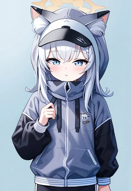 score_9, score_8_up, score_7_up, upper body blue_eyes, orange_hair, braid, long_hair, flat_chest, halo, hair_flower, animal_ear_fluff, gym_long pants,blue_pants,track_jacket, blue_jacket, white_hairband Mari_(Blue_Archive),Mari_(Blue_Archive), upper bodyblue eyes, fake animal ears, bangs, grey jacket, long sleeves, black shorts, bike shorts, hood, hood up, ears through headwear, visor cap