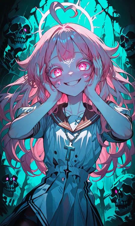 masterpiece,best quality,absurdres,very aesthetic,very awa,highres,newest,year 2024,year 2023,<lora:NLSTN-IL_1412568:1>,nlstn,glowing,dark,<lora:illustrious_quality_modifiers_masterpieces_v1_956369:0.7>,<lora:ponyv4_noob1_2_adamW-000017:0.7>,<lora:spo_sdxl_10ep_4k-data_lora_webui:0.6>,<lora:add-detail-xl:0.9>,<lora:KonyaKarasue-000008:0.4>,<lora:Isha_Illus_XL_1131795:0.6>,ishaILXL,heart ahoge,pink eyes,skinny,multicolored hair,white hair,pink hair,24 yo,24 year old girl,(white eyelashes:1.2),dynamic background,detailed,womb tattoo,dynamic_angle,flat chest,looking at viewer,facial mark,
masterpiece,newest,incredibly absurdres,highres,3Y3S_illu,toon \(style\),traditional media,1girl,smile,solo,hands on own face,nene-default,yashiro nene,gradient hair,long hair,white dress,brown sailor collar,puffy short sleeves,black pantyhose,uwabaki,halo,bangs,hands on own cheeks,looking at viewer,grin,long sleeves,aqua background,cross necklace,jewelry,blunt bangs,necklace,skull,upper body,glowing,