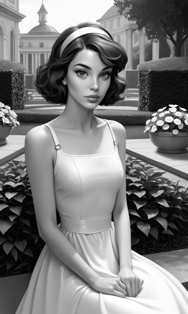 score_9, score_8_up, score_7_up, source_cartoon, masterpiece, loviante, monochrome, 1girl, sitting, dress, garden, bare shoulders, eylashes, lips, looking at viewer, upper body, April O'Neil \(TMNT\), embedding:zPDXL2, embedding:zPDXLxxx,<lora:loviante_pony.safetensors:1.0:1.0>