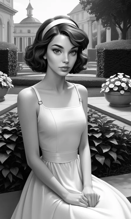score_9, score_8_up, score_7_up, source_cartoon, masterpiece, loviante, monochrome, 1girl, sitting, dress, garden, bare shoulders, eylashes, lips, looking at viewer, upper body, April O'Neil \(TMNT\), embedding:zPDXL2, embedding:zPDXLxxx,<lora:loviante_pony.safetensors:1.0:1.0>