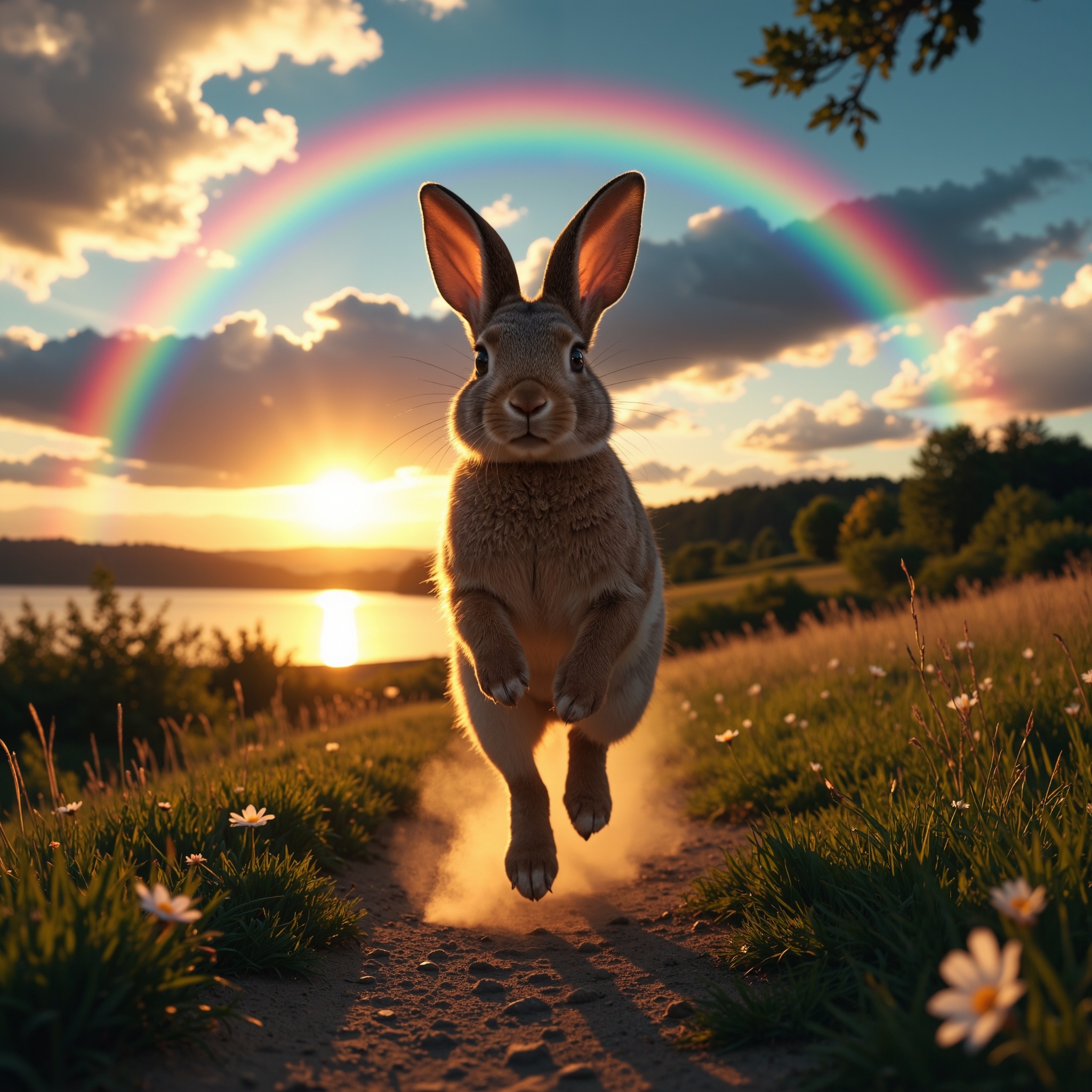 The foreground is dominated by a vibrant, lively rabbit mid-hop, perfectly framed as the central subject. The rabbit’s fur exhibits extraordinary detail, showcasing a mix of warm brown tones with hints of cream and darker hues. Its fur is textured and lifelike, appearing soft and slightly fluffed up in the motion of its leap. The rabbit’s ears, upright and alert, are highlighted by the sunlight, glowing with a reddish-pink translucence at the edges. Its eyes are wide and glossy, reflecting the bright outdoor scene, and its small, twitching nose gives the image a sense of dynamic immediacy. The rabbit’s front paws are extended slightly forward, while its hind legs propel it forward energetically, kicking up a small cloud of dust from the dirt path below. The background reveals a picturesque lakeside scene bathed in the warm, golden light of a setting (or rising) sun. The sun sits low on the horizon, casting long, dramatic shadows and enveloping the scene in a warm glow. The light filters through a partly cloudy sky, creating a gradient of colors that transitions from soft oranges and yellows near the horizon to deeper blues as the sky rises. Fluffy clouds, tinged with hints of gold and gray, provide depth and texture to the sky. The most striking feature of the background is a vivid, double rainbow arching across the sky, with the inner rainbow appearing more saturated. The rainbow’s bright colors—red, orange, yellow, green, blue, indigo, and violet—contrast beautifully with the soft, natural tones of the landscape. This vibrant rainbow adds an almost magical quality to the image, enhancing its whimsical charm. The rabbit is positioned on a narrow dirt path that leads the eye toward the lake in the middle distance. The path is bordered by lush green grass, with some strands catching the sunlight, creating a glowing effect. A few wildflowers are scattered among the grass, adding subtle pops of color. The grass transitions into a cluster of trees and shrubs near the water’s edge, their silhouettes softened by the glowing light. The lake itself is calm, reflecting the sky's golden hues and the shadows of the surrounding landscape. The far shore is dotted with a line of trees, their dark forms contrasting with the luminous water and sky. The overall composition balances the intimate focus on the rabbit with the expansive beauty of the natural setting. The interplay of light, color, and movement makes this image both enchanting and immersive. It conveys a sense of joy, freedom, and the wonders of nature. The rabbit’s close proximity and dynamic pose bring the viewer into the moment, creating an almost interactive feeling as if the rabbit is leaping directly toward them. Combined with the serene and magical quality of the background, this image could easily be imagined as part of a storybook illustration or a frame from a fantastical nature film.