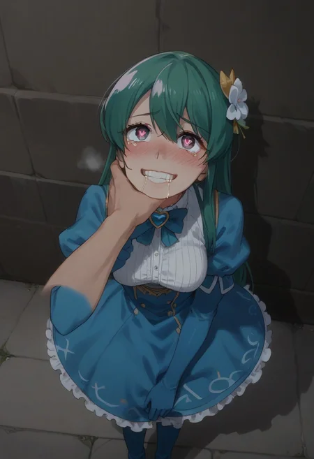 score_9, score_8_up, score_7_up, source_anime, masterpiece, 4k, high quality, (best quality:1.1), minakami, green_hair, long_hair, red_eyes, blue_gloves, elbow_gloves, long_sleeves, blue_dress, hair_ornament, blue_bowtie, jewelry, thigh_boots, blue_footwear, dark ally, against wall, above view, looking up, shadow over face, scared smile, wide eyes, cowering, heavy breathing, hot breath, night, low light, street lights, looking at viewer, pov, chin grab,, grin, heart shaped pupils, tears, drooling, [:heart1shape-eye:0.5], viewer grabbing throat, monster hand, chocking,