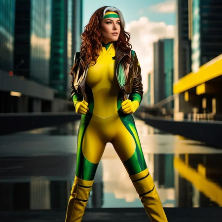 Rogue1024, a woman, portrait, wears a yellow and green superhero suit and a jacket, cyberpunk city background, highly detailed, photography, ultra sharp, film, professional, 64k <lora:add-detail-xl:1.5> <lora:Rogue1024:0.8>