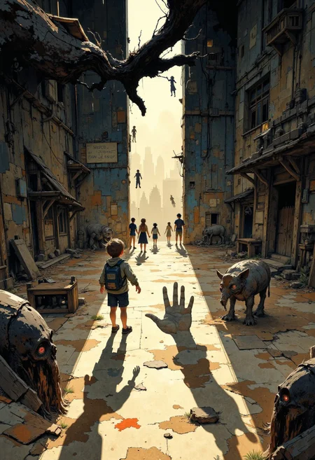 Create a beautifully detailed sketch capturing a fantastical world infused with nostalgia and shadowy intrigue. The style features clean, confident outlines with soft watercolor washes, balancing warmth and accessibility with intricate detail. The palette contrasts muted tones—warm ochres, soft reds, creamy whites—with stark, inky blacks, creating a dramatic interplay of light and shadow that evokes both innocence and mystery. The atmosphere blends vintage children’s book charm with an eerie undertone, as if balanced between reality and a shadowy dreamscape.
Characters should have naturalistic proportions and subtle expressiveness, their features gently exaggerated to reflect curiosity, resilience, or vulnerability. Dynamic shadow puppet figures may emerge in the background, their silhouettes adding to the narrative and reinforcing the duality of light and shadow. The focus will be on a specific subject—An extreme close-up reveals Henry’s hand brushing against a shadowy wall, his fingers trailing through silhouettes of puppet figures trapped beneath the surface. The camera follows their frantic movements, their tiny faces and limbs pressing outward, as though pleading for release—carefully integrated into the scene. The composition is grounded yet surreal, seamlessly merging whimsical simplicity with haunting, thought-provoking detail to invite wonder and introspection.